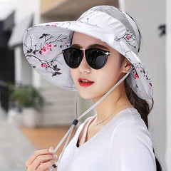 Flower Print Wide Brim Ponytail Sun Hat