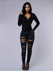 High Strech Distressed Jeans Solid Slim Fit Denim Pants Women's Jeans