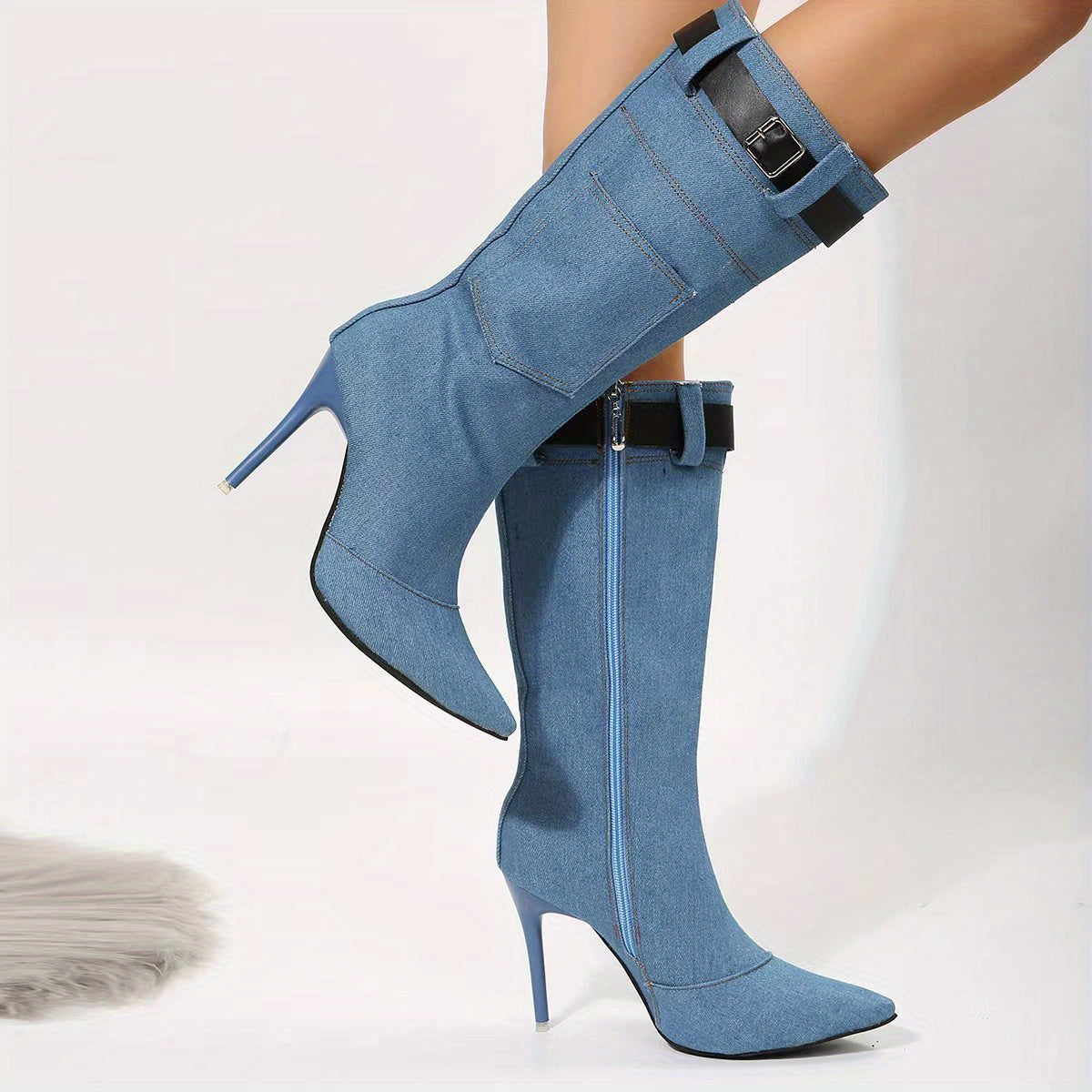 Women's Denim Stiletto Heeled Boots Side Zip Point Toe Long Buckle Strap Boots