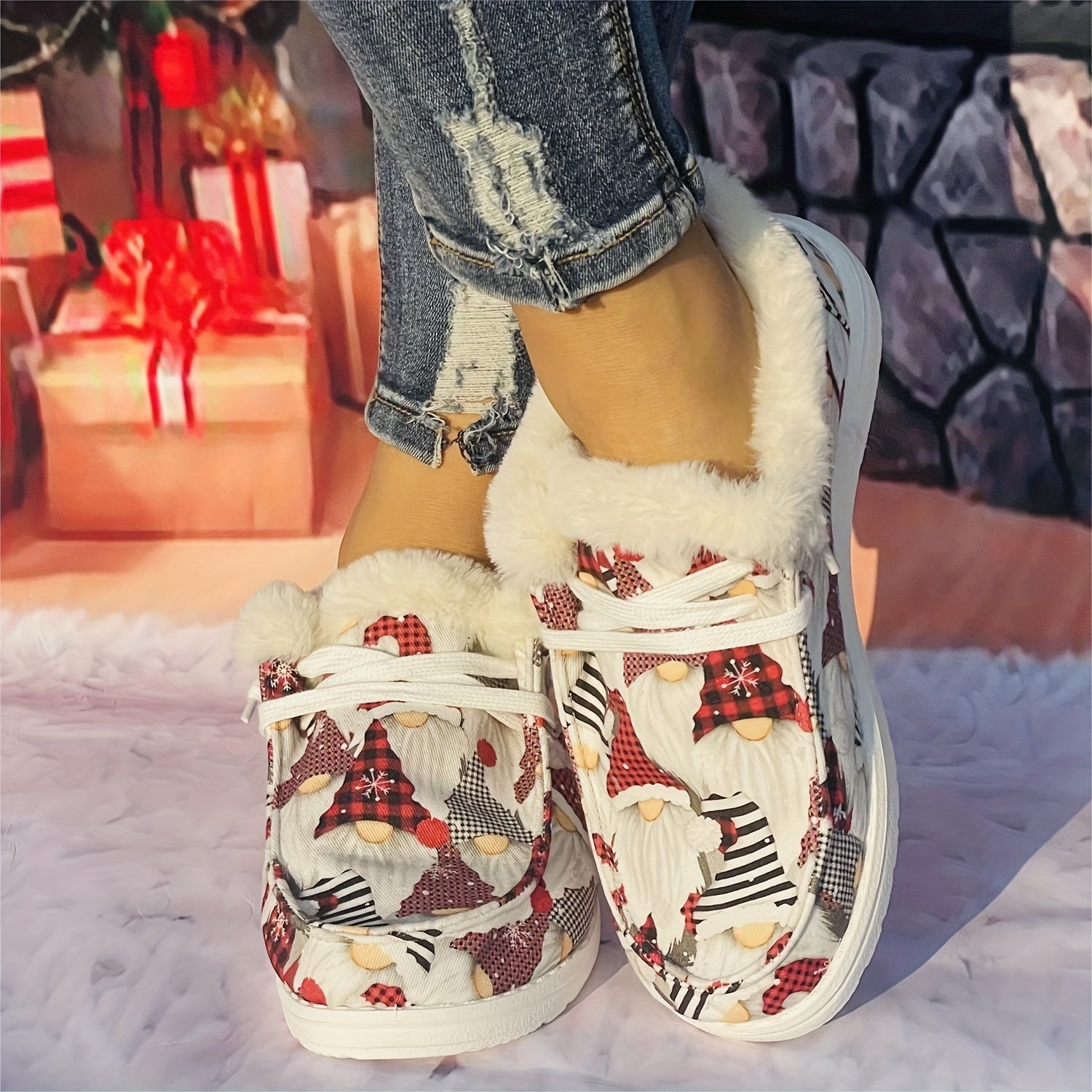 Christmas Elements Pattern Women's Snow Boots Flat Warm Winter Canvas Shoes