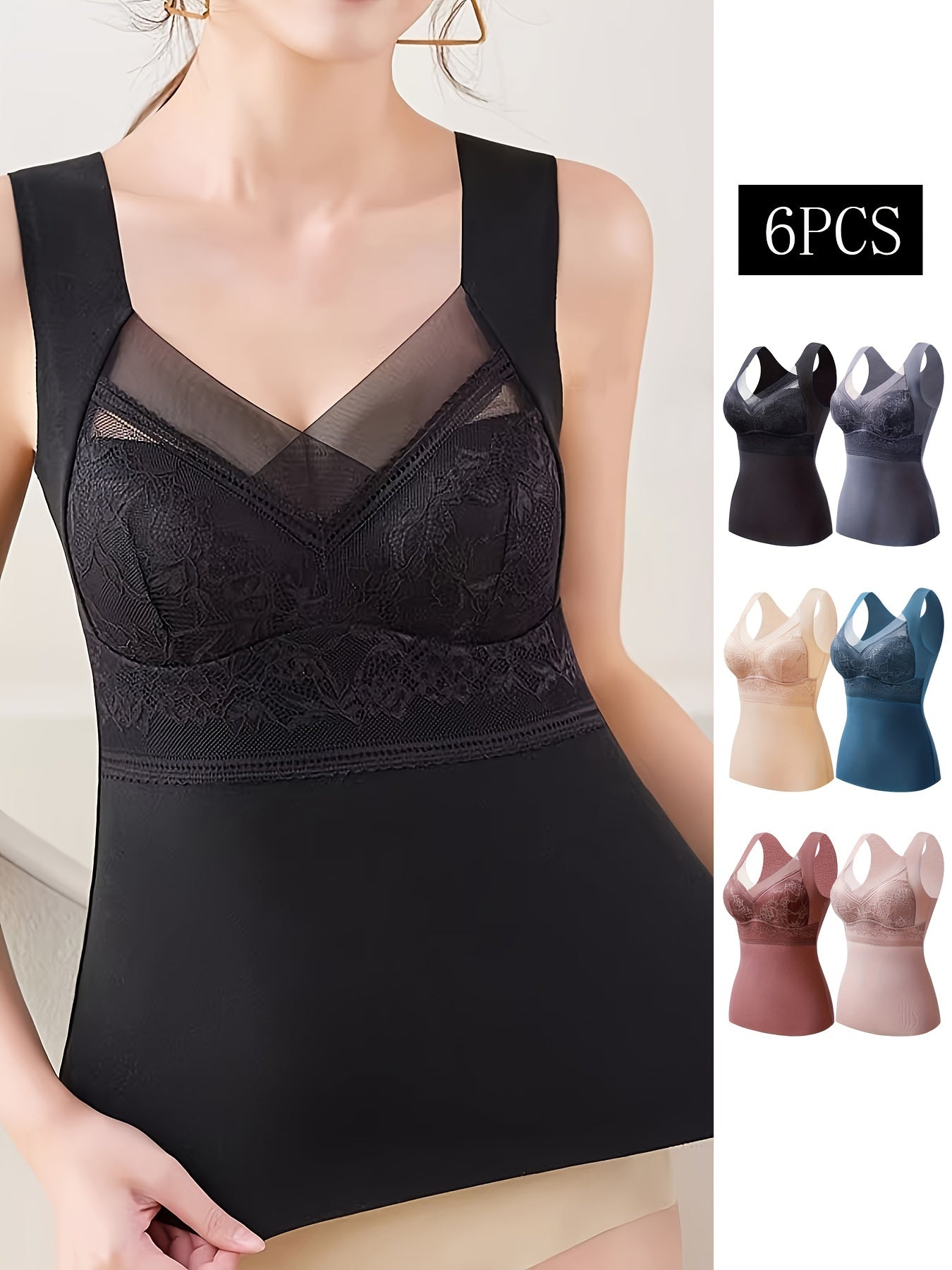 6pcs Lace Tank Tops V Neck Sleeveless Thermal Women's Lingerie