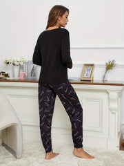 Letter Print Pajama Set Long Sleeve Crew Neck Top & Elastic Waistband Pants