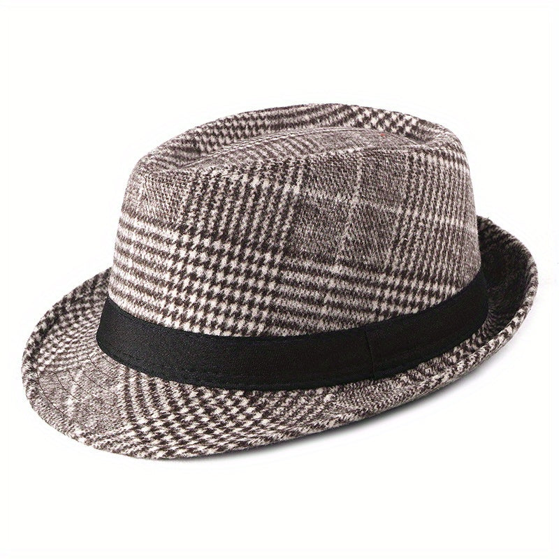 Retro Plaid Wide Brim Fedora Hat for Party Meeting