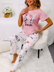 Panda Print Pajama Set Short Sleeve Top & Pants Women's Sleepwear & Loungewear
