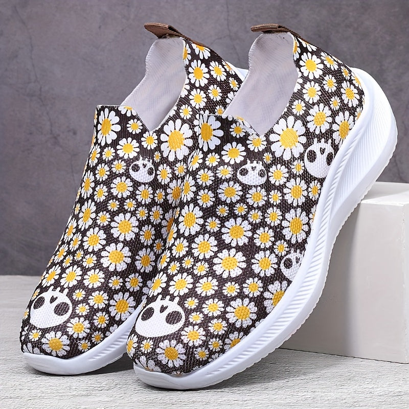 Daisy Print Non Slip Comfortable Running Shoes Elastic Slip On Sneakers