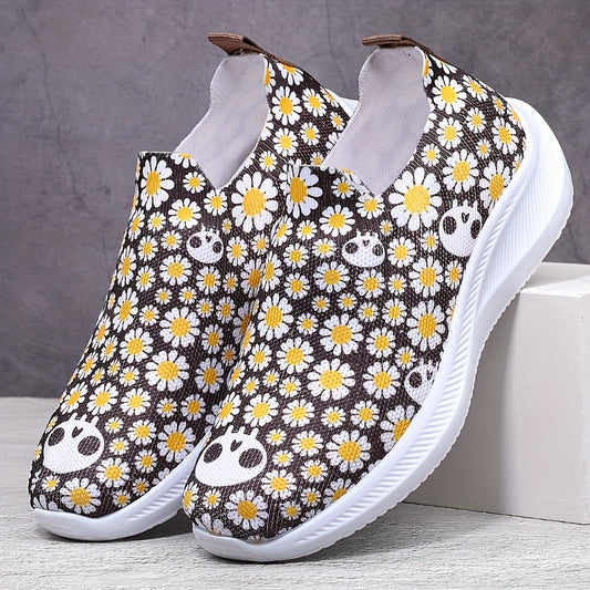 Daisy Print Non Slip Comfortable Running Shoes Elastic Slip On Sneakers