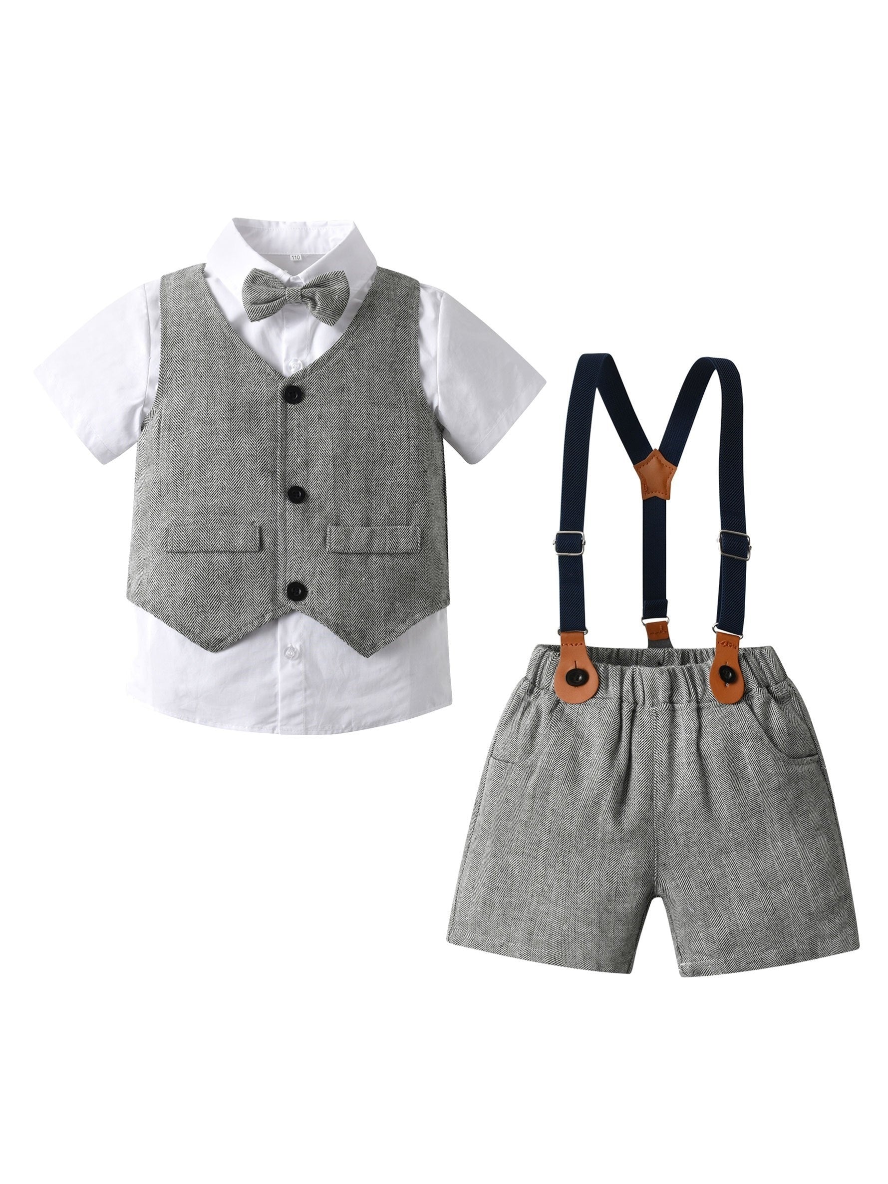 4pc Boys Formal Suits Short Sleeve Shirt Bowtie Shorts Suit Vest