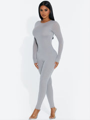 Solid Skinny Stretchy Jumpsuit Crew Neck Long Sleeve Casual Suit