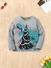 Dinosaur & Christmas Tree Print Kid's Pullover Long Sleeve Top