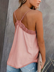 Mesh Stitching Spaghetti Strap Cami Top V Neck Sleeveless for Summer