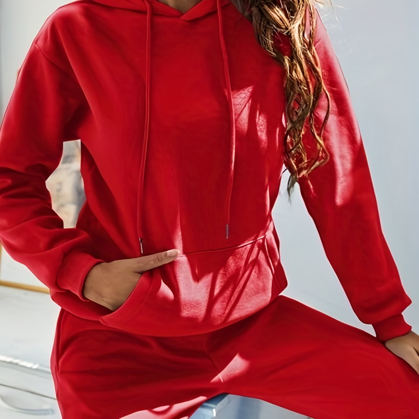 Casual Kangaroo Pocket Hoodie & Drawstring Pants Set Women's Outfit