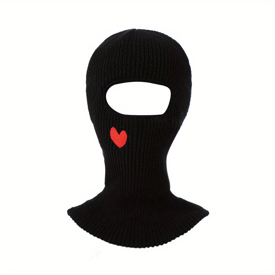 Red Heart Embroidery Ski Mask Solid Beanie Knitted Face Covering Elastic