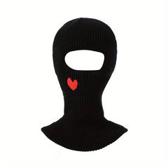 Red Heart Embroidery Ski Mask Solid Beanie Knitted Face Covering Elastic
