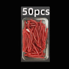 50pcs 3-in Red Earthworm Artificial Soft Fishing Baits for Bass Trout Tackle