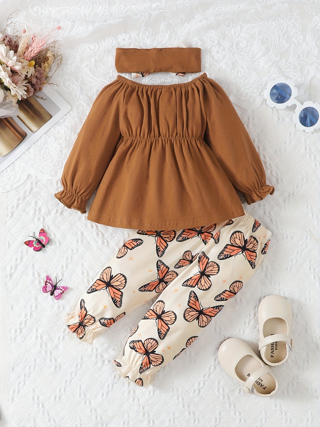 Baby Girls Bow Dress Top Set with Butterfly Print Pants