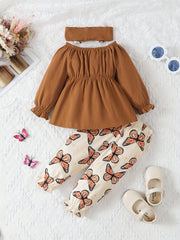 Baby Girls Bow Dress Top Set with Butterfly Print Pants