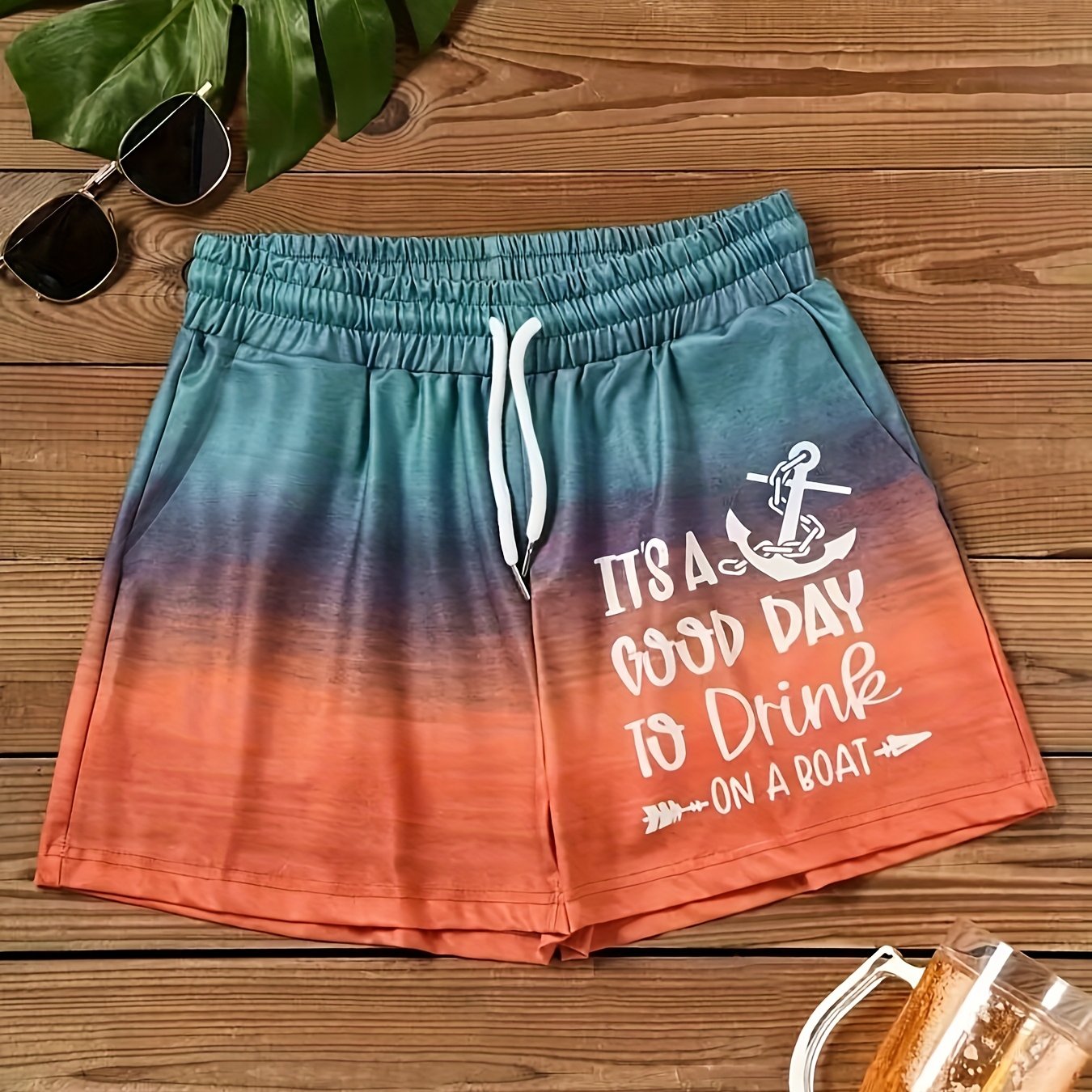Anchor & Letter Print Wide Leg Summer Shorts Women's Clothing