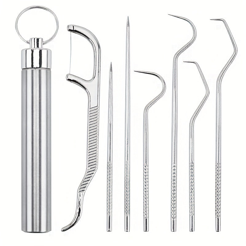 7pcs Stainless Steel Toothpick Dental Floss Oral Teeth Care Cleaning Tool