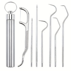 7pcs Stainless Steel Toothpick Dental Floss Oral Teeth Care Cleaning Tool