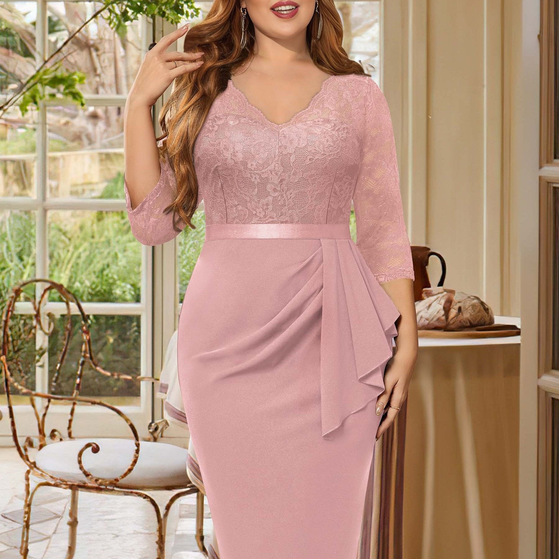 Lace Sleeve V-Neck Ruffle Trim Midi Dress