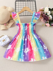 Girls Rainbow Unicorn Stripe Suspender Dress