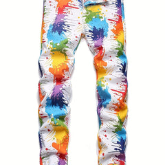 Colorful Splash Pattern Slim Fit Jeans Men's Casual Street Style Denim Pants