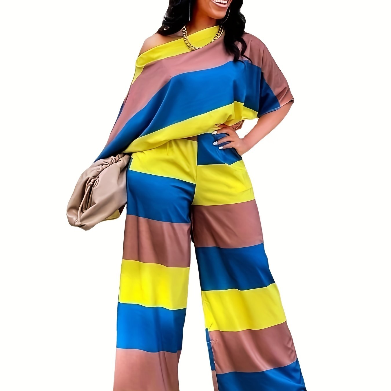 Striped One Shoulder Half Sleeve Top & Pants Set