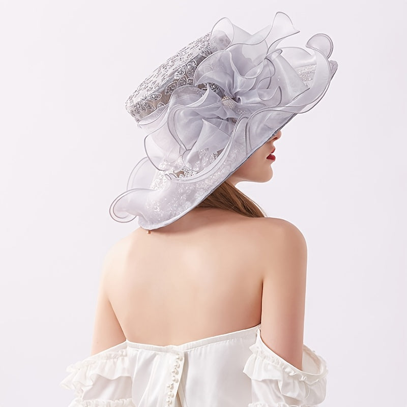 Wide Brim Organza Sun Hat Sequins Embroidery Bridal Wedding Cap