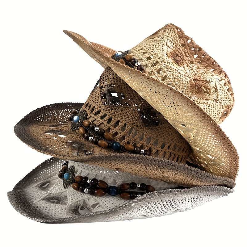 Hollow Out Cowboy Hat Beaded Turquoise Chain Straw Unisex Jazz Fedora