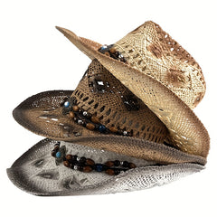 Hollow Out Cowboy Hat Beaded Turquoise Chain Straw Unisex Jazz Fedora