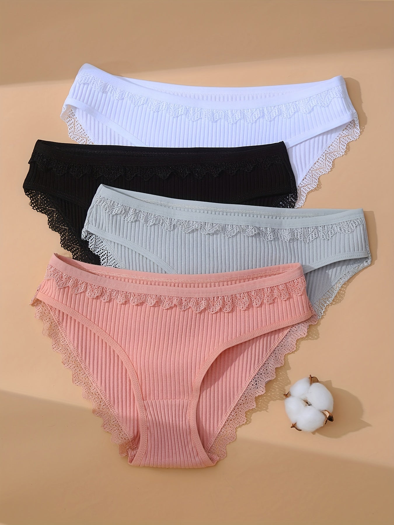 4pcs Womens Seamless Panties Lace Trim Cotton Briefs