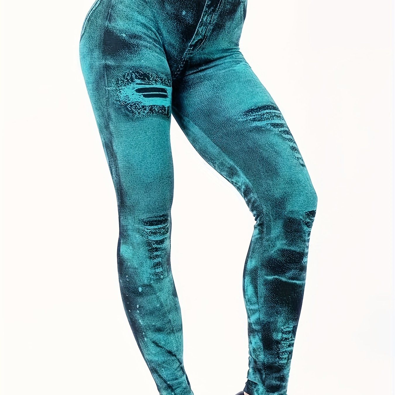 Denim Print Skinny Leggings High Waist Stretch Women's Clothing