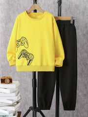 Boy's Gamepad Print Sweatshirt & Pants Set for Spring Fall