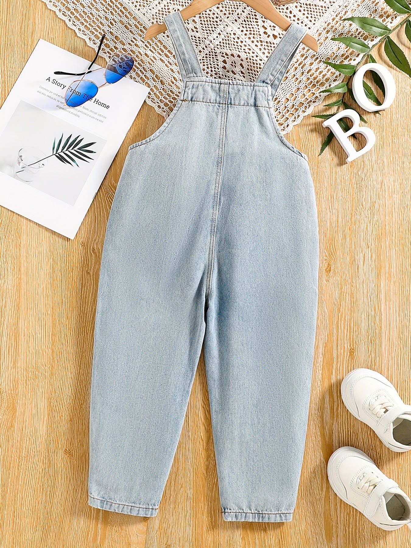 Girl's Heart Print Denim Overalls Jumpsuit Long Pants