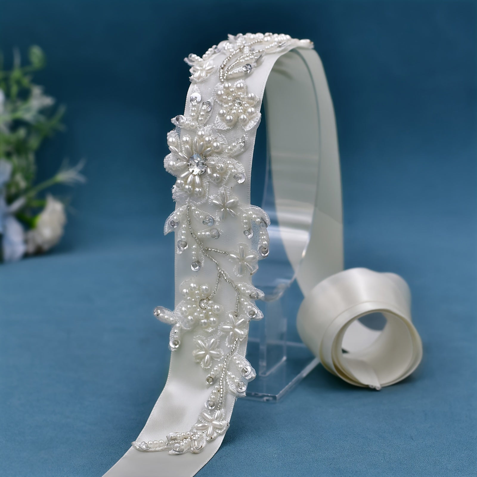 Floral & Pearl Embellished Bridal Sash - Wedding Dress Belt