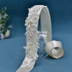 Floral & Pearl Embellished Bridal Sash - Wedding Dress Belt
