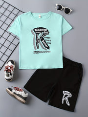 Alphabet Crew Neck T shirt & Elastic Waist Shorts Set for Boys