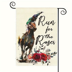 Run For The Roses Horse Race Garden Flag - Burlap Yard Decoration