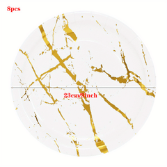 Marble Disposable Paper Plates with Golden Foil - 8/16pcs Set