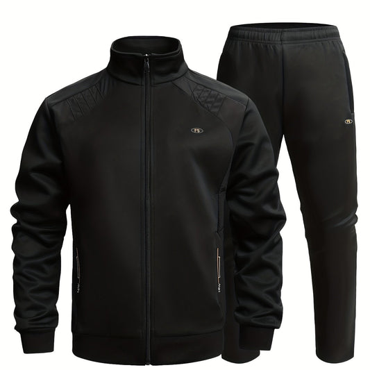 Men's Sports Suit Solid Block Stand Collar Zip Up Jacket & Stretch Waist Pants