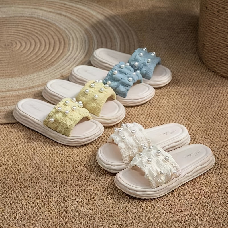 Ruched Faux Pearl Slippers Platform Comfy Indoor & Outdoor Slides