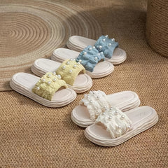 Ruched Faux Pearl Slippers Platform Comfy Indoor & Outdoor Slides
