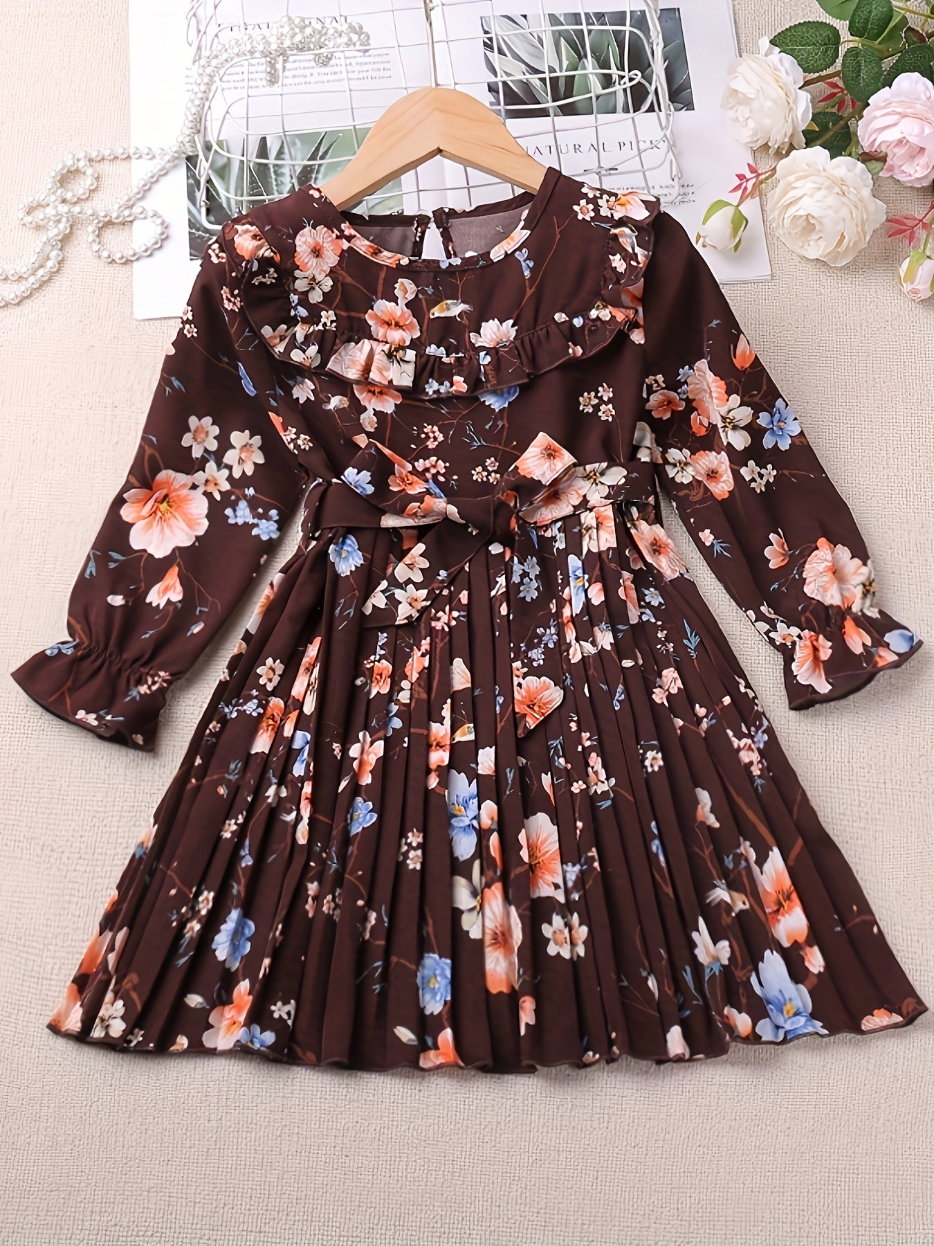 Girls Floral Botanical Print Long Sleeve Dress