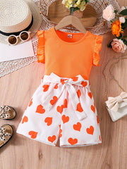Girls Ruffle Trim Top & Heart Graphic Shorts Set