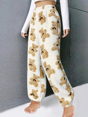 Cartoon Bear Print Lounge Pants Casual & Fuzzy Elastic Waistband Pants