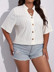 Plus Size Casual Blouse Solid Jacquard Button Up Short Sleeve Notched Neck Top