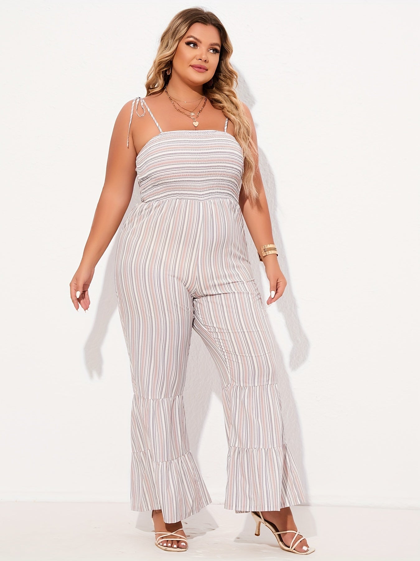 Striped Tie Shoulder Flared Leg Jumpsuit