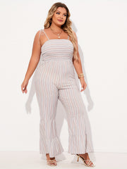 Striped Tie Shoulder Flared Leg Jumpsuit