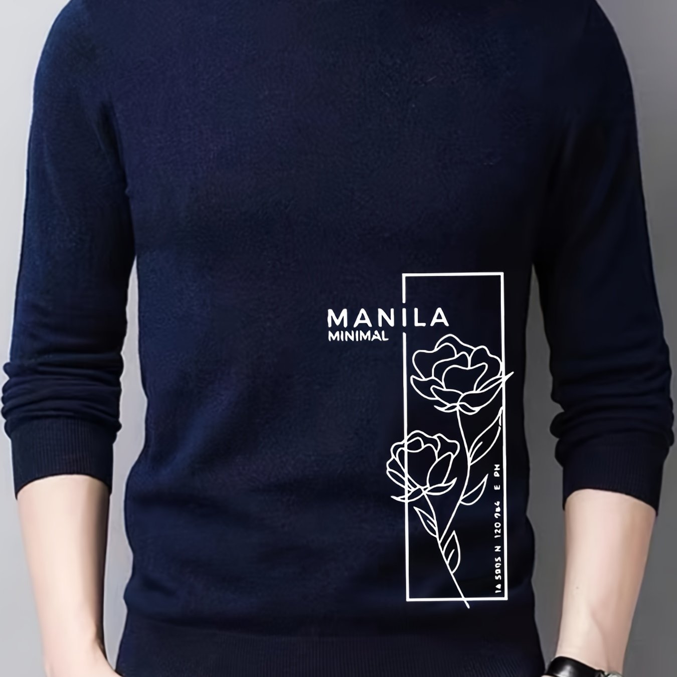 Rose Print Knitted Sweater Men's Crew Neck Pullover For Fall Winter