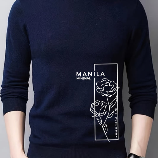 Rose Print Knitted Sweater Men's Crew Neck Pullover For Fall Winter